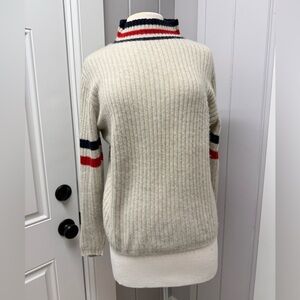 The Elder Statesman Cream Ribbed Cashmere Crewneck Sweater w/ Red & Navy Stripes